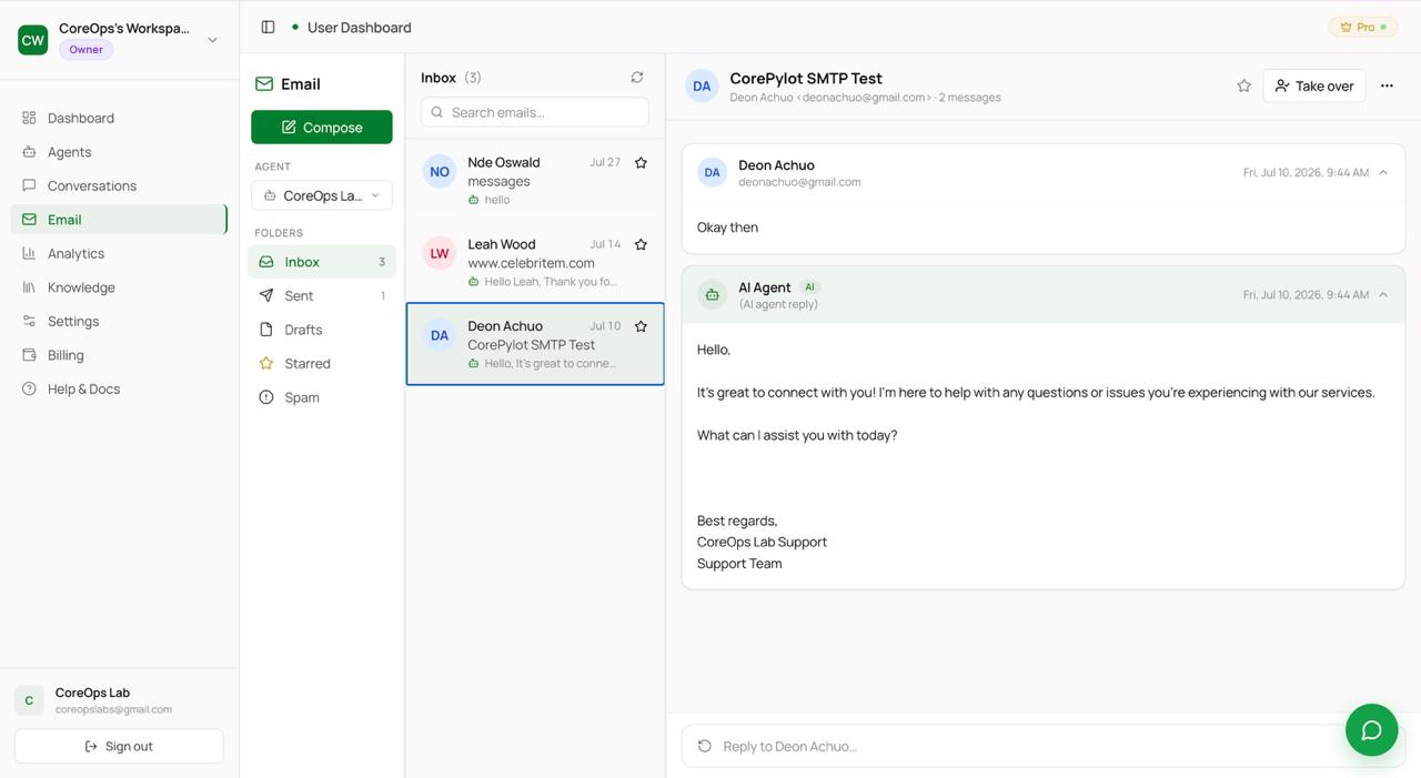 CorePylot email inbox — AI-drafted replies alongside your team
